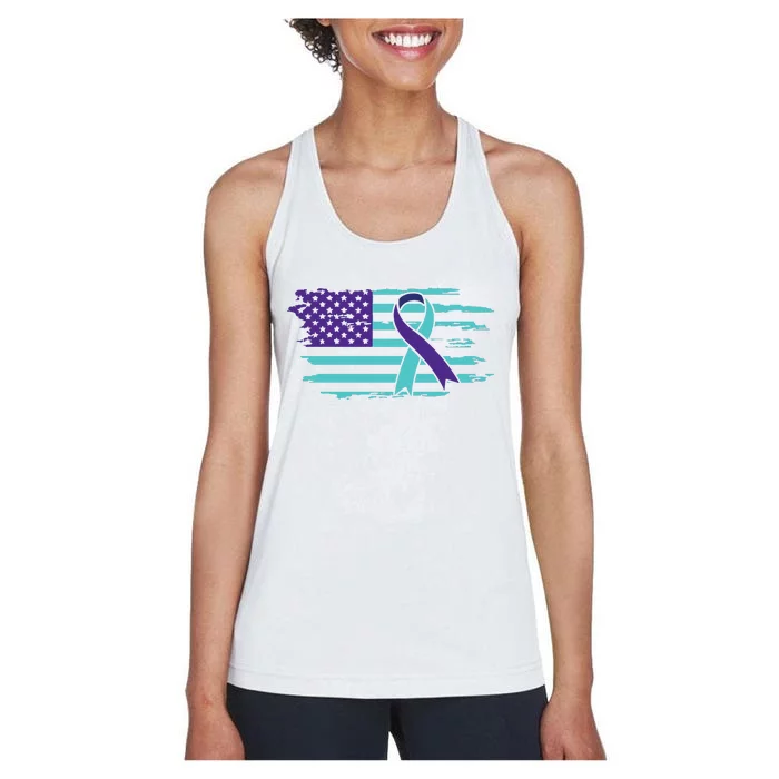 Suicide Awareness Ribbon American Flag Women's Racerback Tank