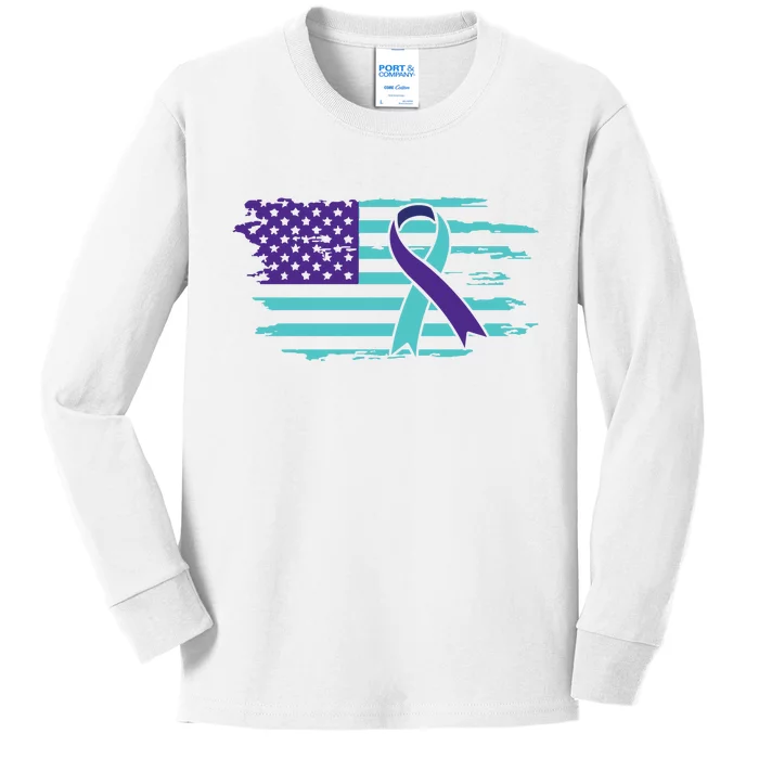 Suicide Awareness Ribbon American Flag Kids Long Sleeve Shirt