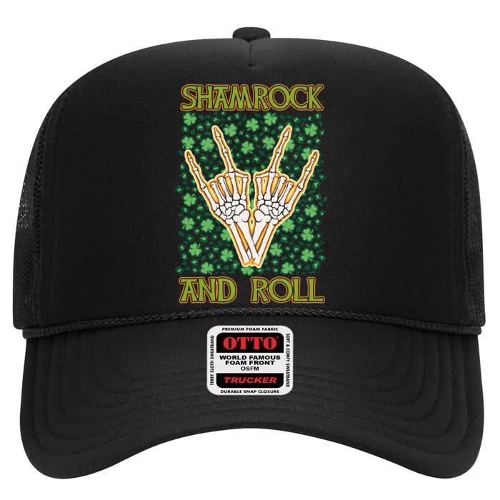 Shamrock And Roll St. Patrick's Day Irish Music Funny Skeleton High Crown Mesh Trucker Hat