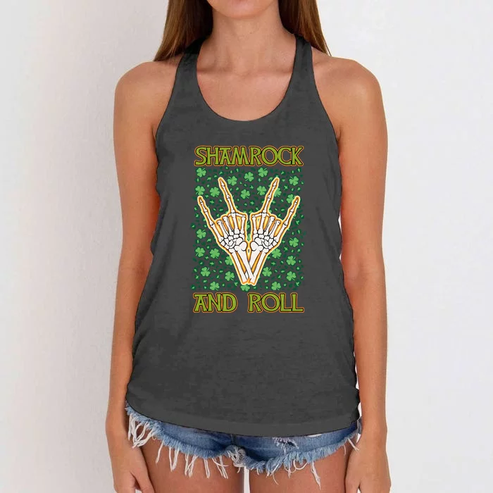 Shamrock And Roll St. Patrick's Day Irish Music Funny Skeleton Women's Knotted Racerback Tank