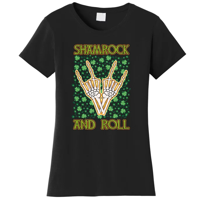 Shamrock And Roll St. Patrick's Day Irish Music Funny Skeleton Women's T-Shirt