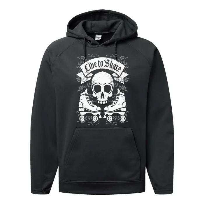 Skull And Roller Skates Live To Skate Goth Punk Roller Derby Performance Fleece Hoodie