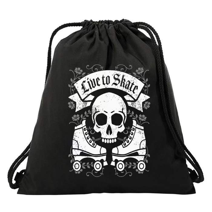 Skull And Roller Skates Live To Skate Goth Punk Roller Derby Drawstring Bag