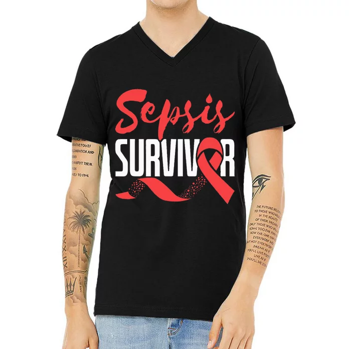 Sepsis Awareness  Red Ribbon  Sepsis Survivor V-Neck T-Shirt