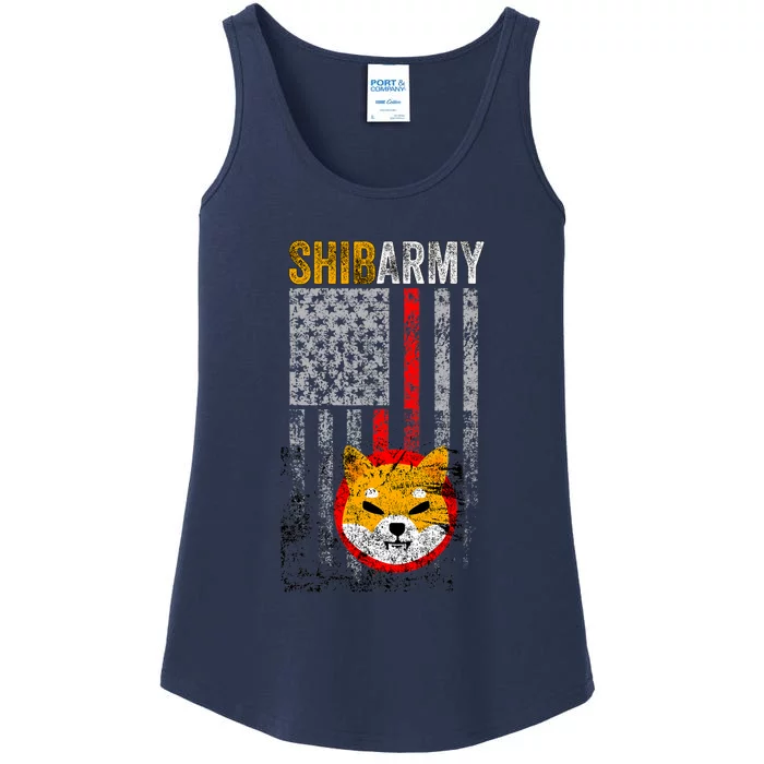 Shiba Army, Shiba Inu Coin With American Flag Ladies Essential Tank