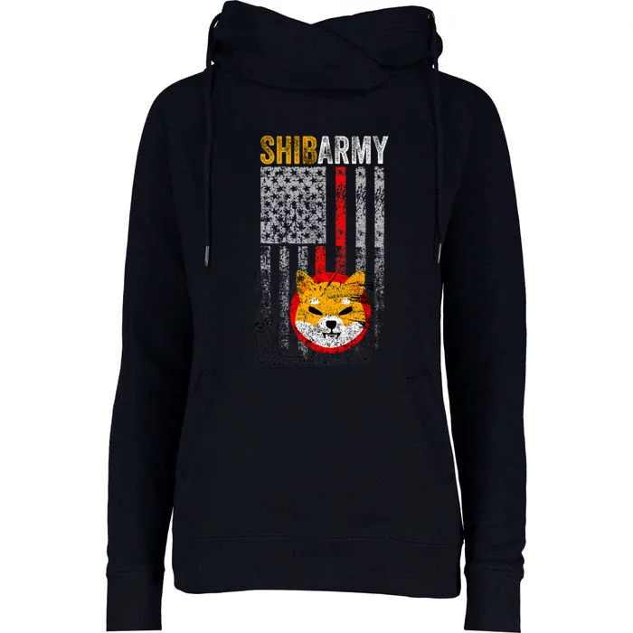 Shiba Army, Shiba Inu Coin With American Flag Womens Funnel Neck Pullover Hood