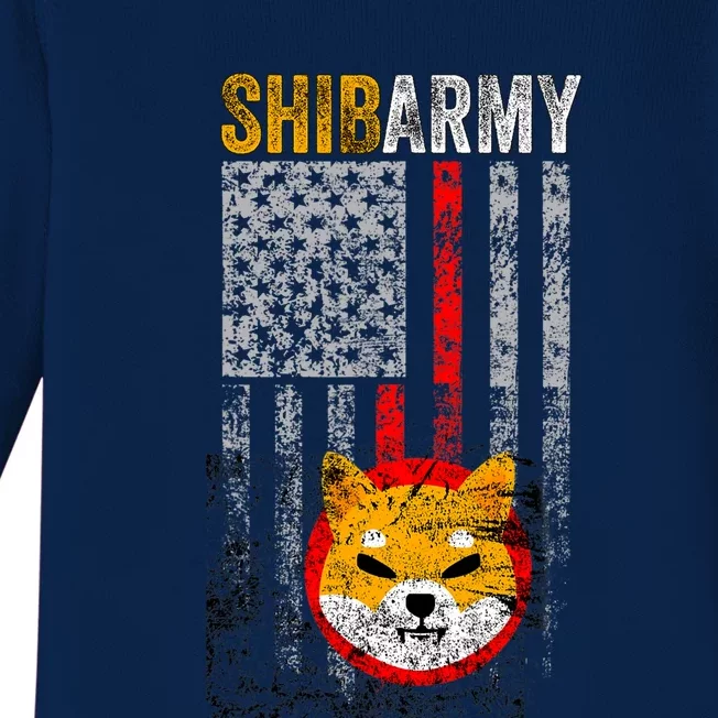 Shiba Army, Shiba Inu Coin With American Flag Baby Long Sleeve Bodysuit