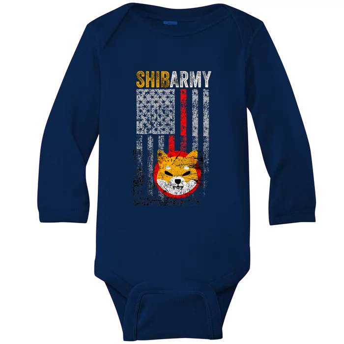 Shiba Army, Shiba Inu Coin With American Flag Baby Long Sleeve Bodysuit