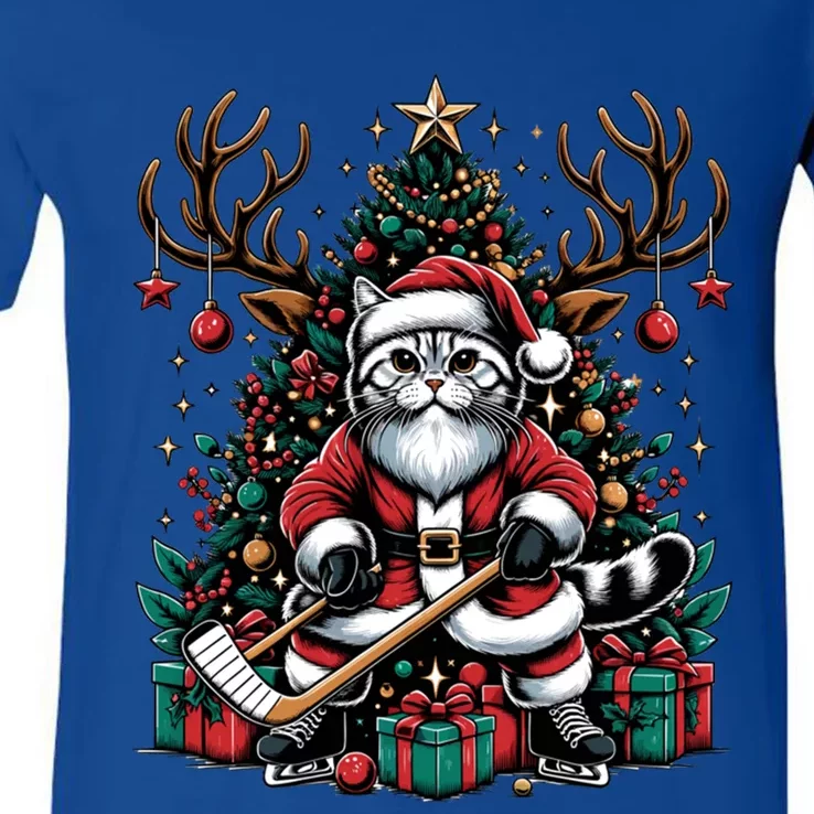 Santa American Shorthair Cat Is Playing Hockey Great Gift V-Neck T-Shirt