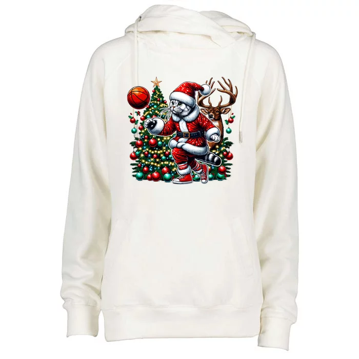 Santa American Shorthair Cat Play Basketball Christmas Funny Meaningful Gift Womens Funnel Neck Pullover Hood