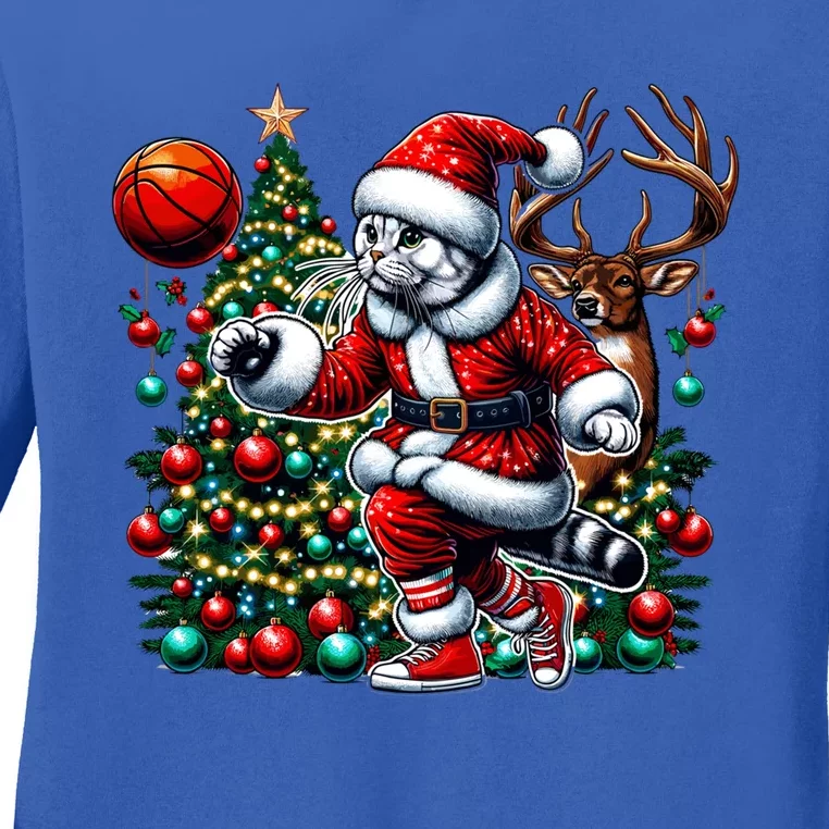 Santa American Shorthair Cat Play Basketball Christmas Funny Meaningful Gift Ladies Long Sleeve Shirt