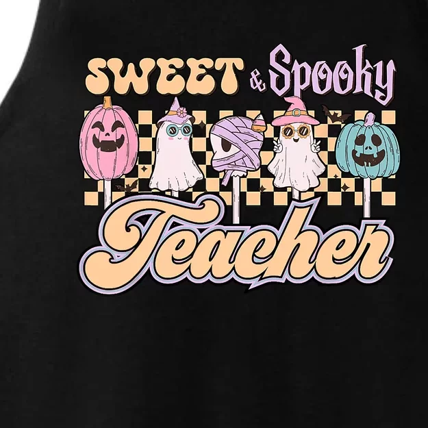 Sweet And Spooky Pink Retro Groovy Halloween Teacher Ladies Tri-Blend Wicking Tank