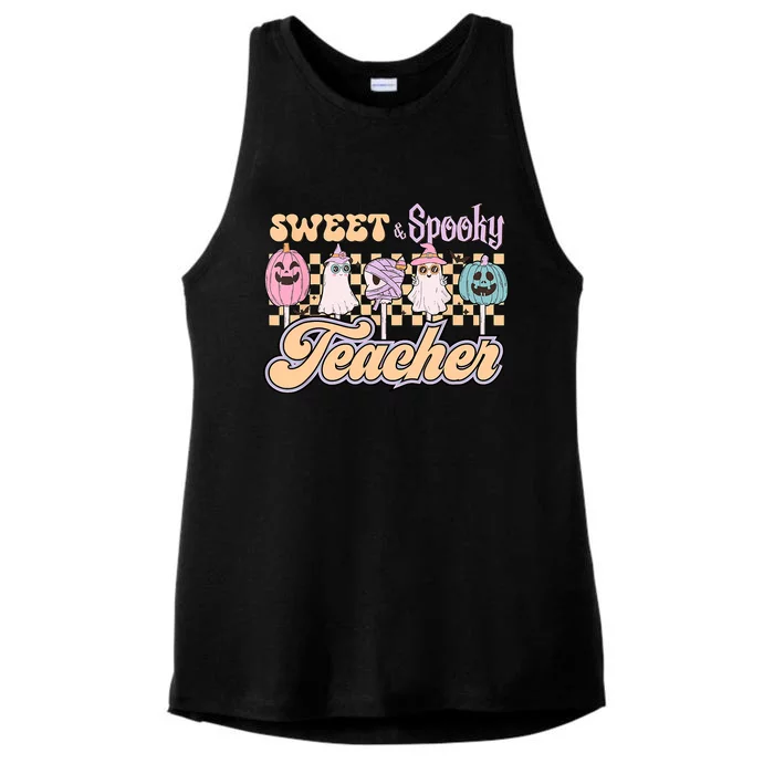 Sweet And Spooky Pink Retro Groovy Halloween Teacher Ladies Tri-Blend Wicking Tank