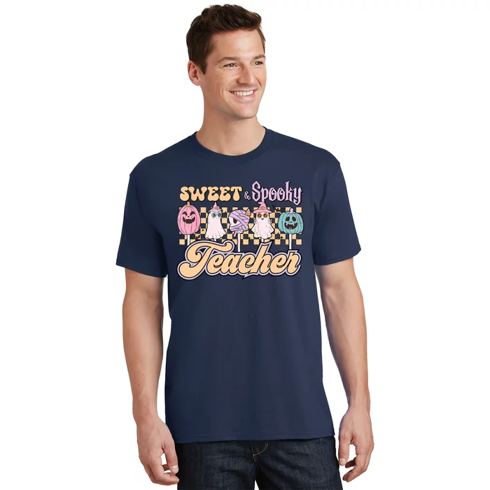 Sweet And Spooky Pink Retro Groovy Halloween Teacher T-Shirt