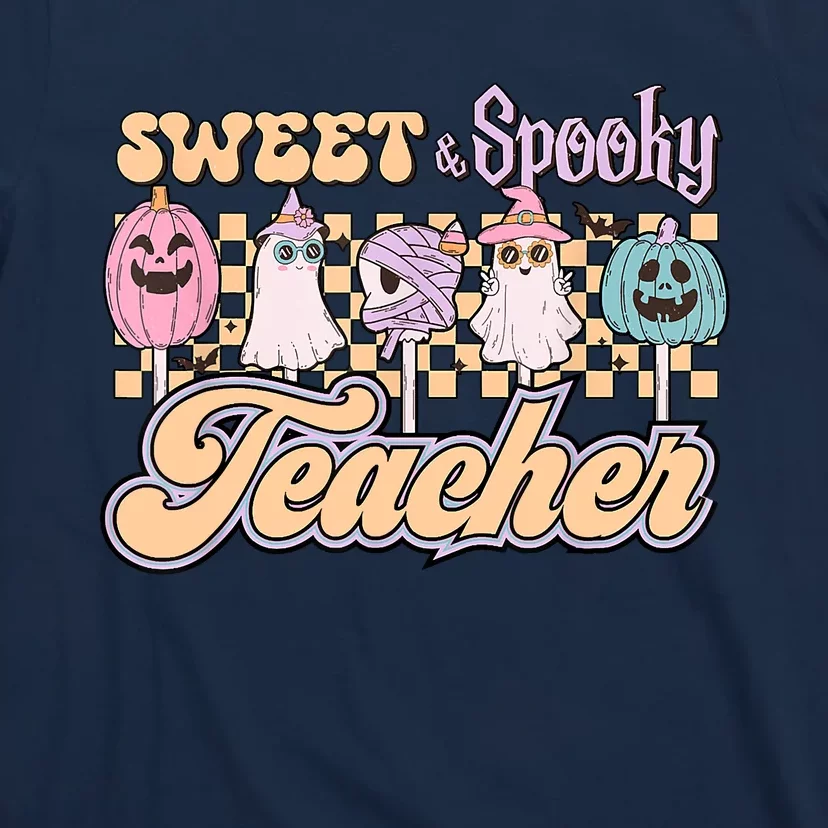 Sweet And Spooky Pink Retro Groovy Halloween Teacher T-Shirt