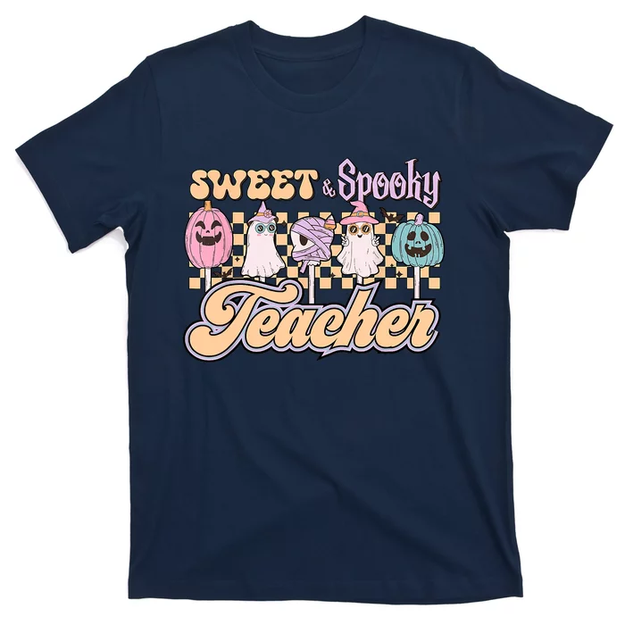 Sweet And Spooky Pink Retro Groovy Halloween Teacher T-Shirt