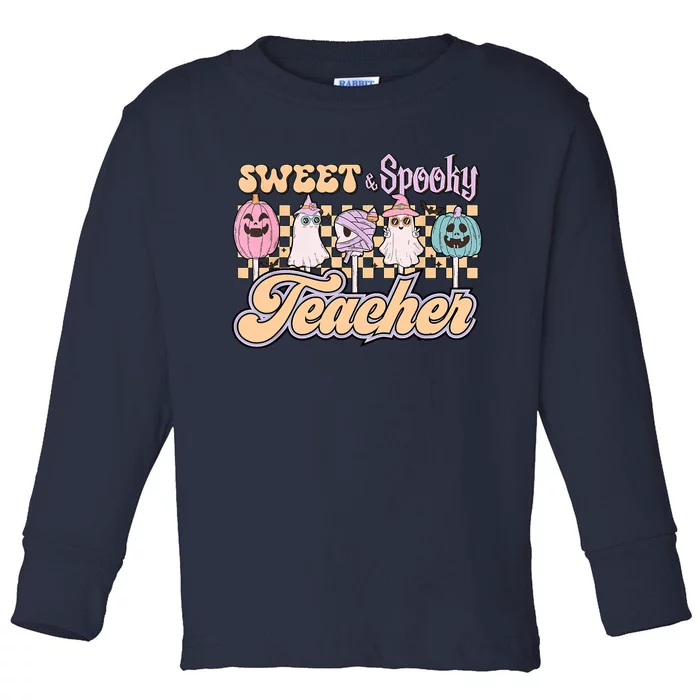 Sweet And Spooky Pink Retro Groovy Halloween Teacher Toddler Long Sleeve Shirt