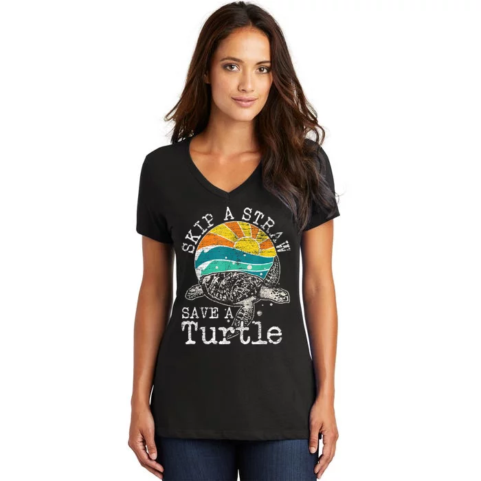 Skip A Straw Save A Turtle Women's V-Neck T-Shirt