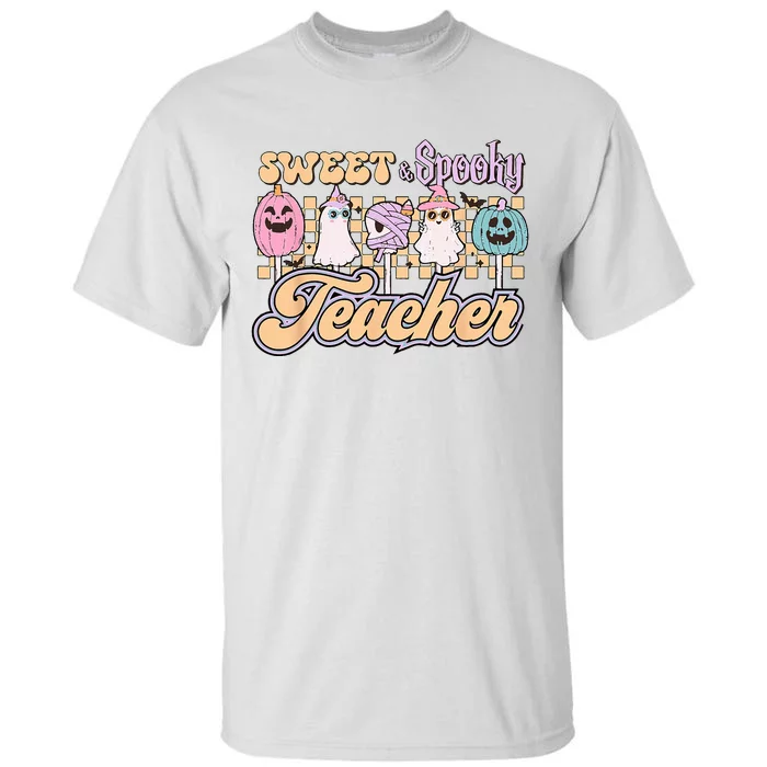 Sweet And Spooky Pink Retro Groovy Halloween Teacher Tall T-Shirt