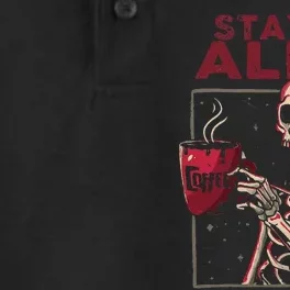 Staying Alive Skeleton Drink Coffee Funny Skull Halloween Dry Zone Grid Performance Polo