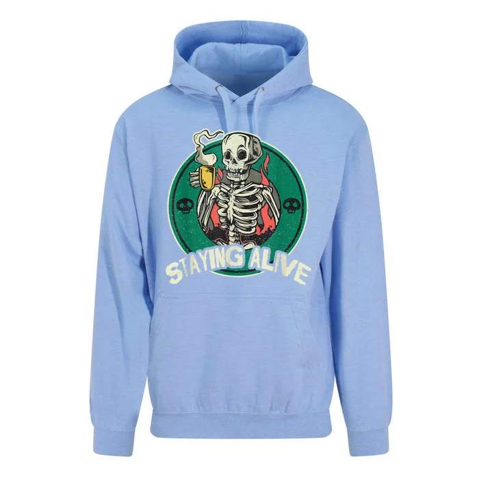 Staying Alive Skeleton Drink Coffee Funny Skull Unisex Surf Hoodie