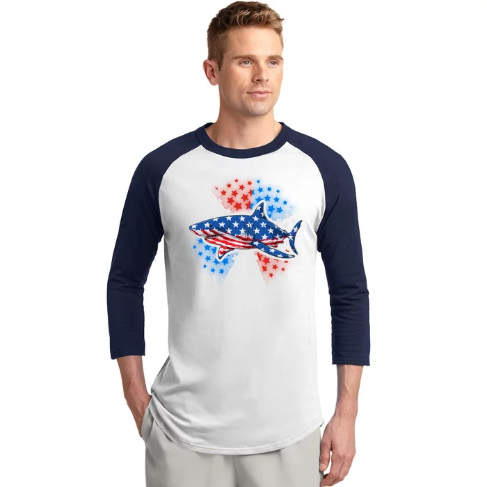 Stars And Stripes USA American Flag Shark Baseball Sleeve Shirt