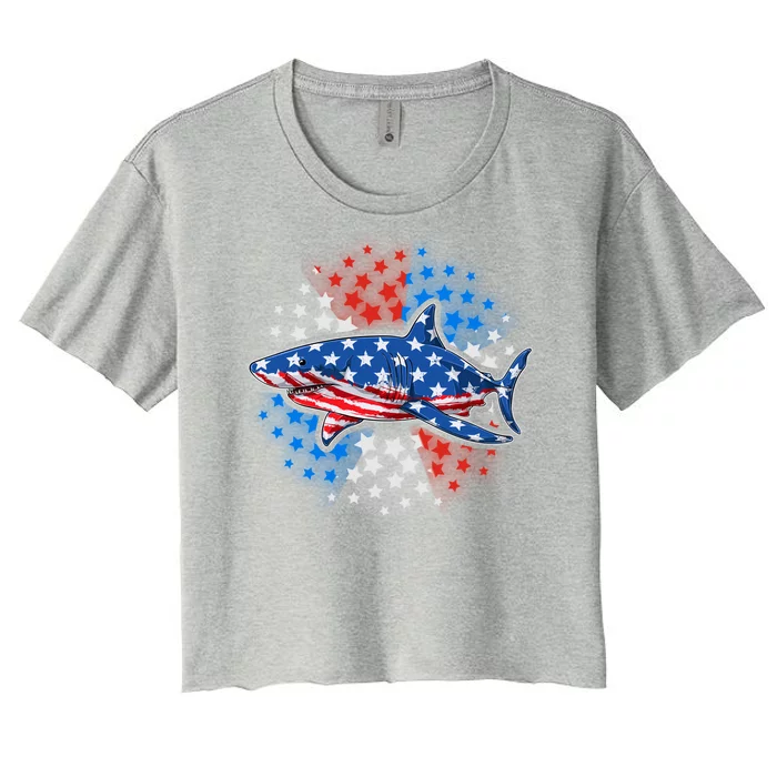 Stars And Stripes USA American Flag Shark Women's Crop Top Tee