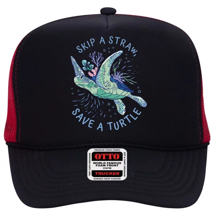 Skip A Straw Save A Turtle Ocean High Crown Mesh Trucker Hat