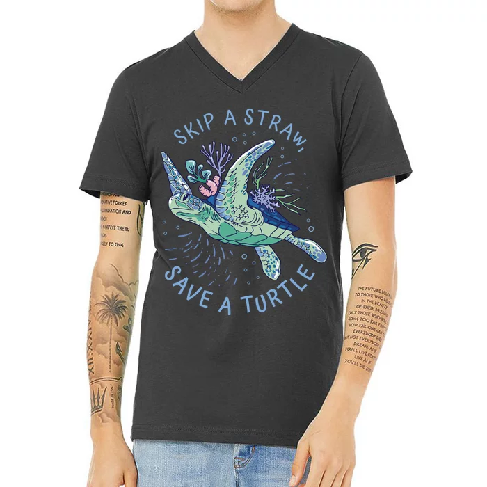 Skip A Straw Save A Turtle Ocean V-Neck T-Shirt