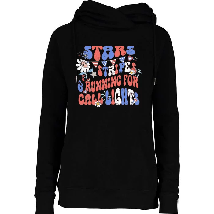 Stars And Stripes Running For Call Lights 4th Of July Nurse Womens Funnel Neck Pullover Hood