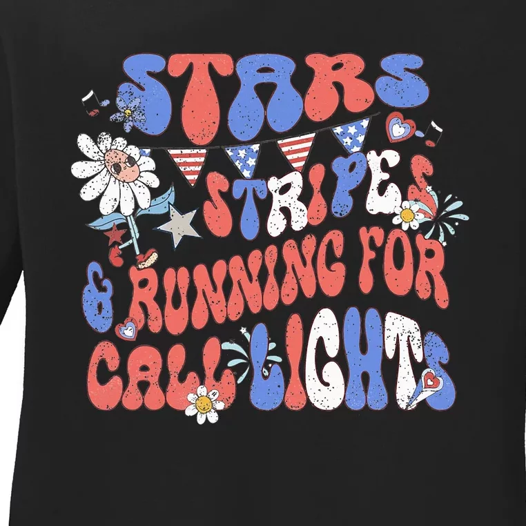 Stars And Stripes Running For Call Lights 4th Of July Nurse Ladies Long Sleeve Shirt