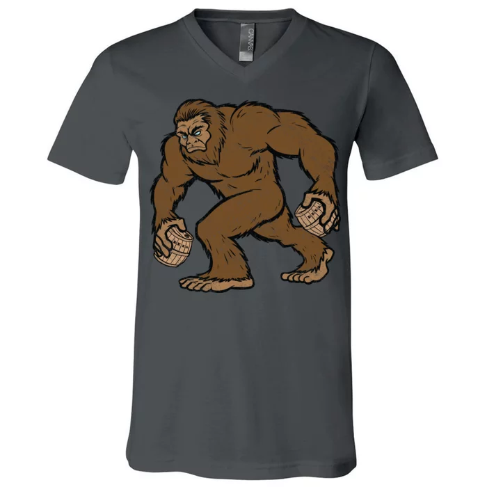 Sasquatch Bigfoot With Beer Kegs V-Neck T-Shirt