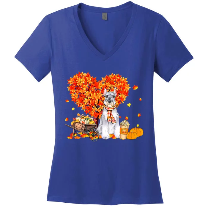 Schnauzer Autumn Tree Fall Leaves Pumpkin Dog Lover Gift Women's V-Neck T-Shirt