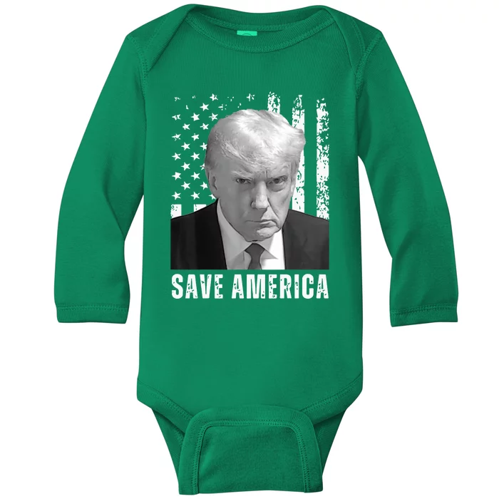 Save America Trump Mugshot Donald Trump 2024 Baby Long Sleeve Bodysuit