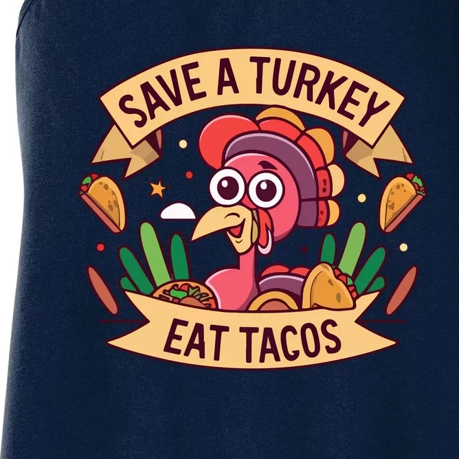 Save A Turkey Eat Tacos Funny Autumn Thanksgiving Groovy Women's Racerback Tank