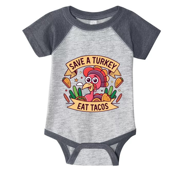 Save A Turkey Eat Tacos Funny Autumn Thanksgiving Groovy Infant Baby Jersey Bodysuit