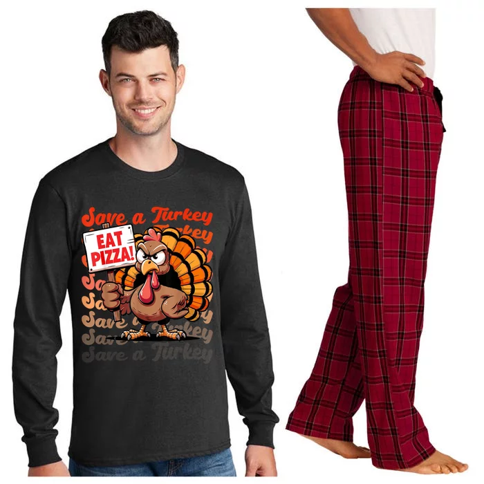 Save A Turkey Eat Pizza Funny Autumn Thanksgiving Groovy Long Sleeve Pajama Set