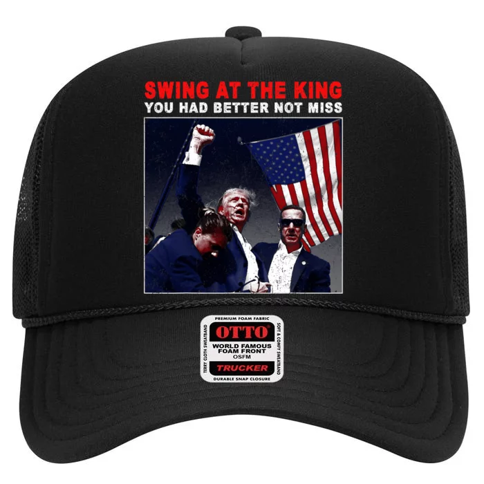 Swing At The King President Trump 2024 Usa Flag High Crown Mesh Trucker Hat