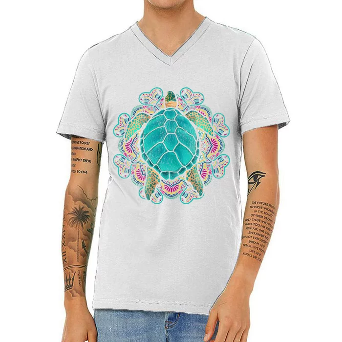 Sea Animal Turtle Lover Polynesian Tattoo Tribal Turtle V-Neck T-Shirt