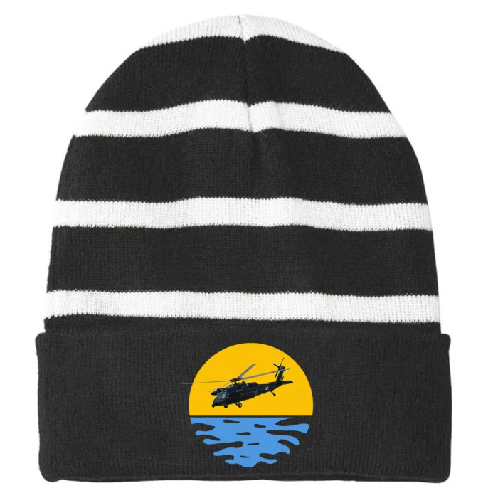 Sunset Army Uh 60 Sikorsky Blackhawk Helicopter Pilot Gift Striped Beanie with Solid Band