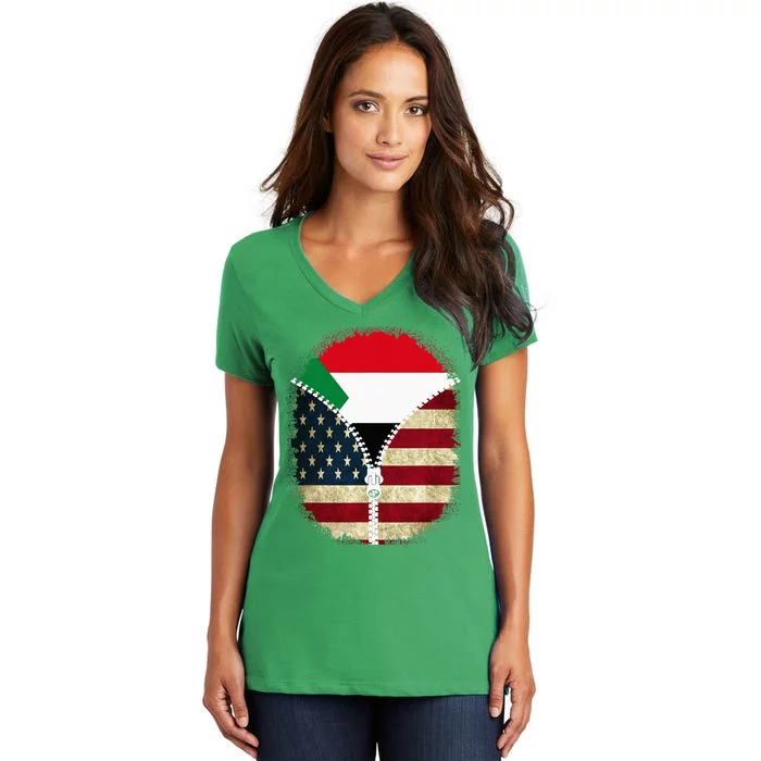 Sudan American Usa Flag Usa Sudanese Zipper Women's V-Neck T-Shirt