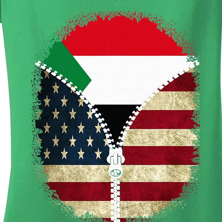 Sudan American Usa Flag Usa Sudanese Zipper Women's V-Neck T-Shirt