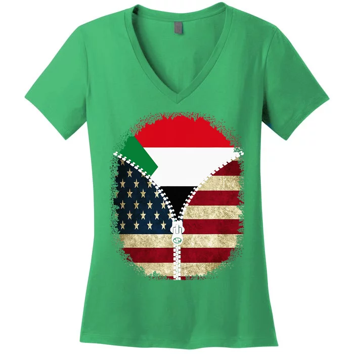 Sudan American Usa Flag Usa Sudanese Zipper Women's V-Neck T-Shirt