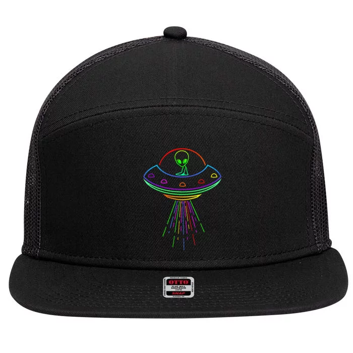 Space Alien Ufo Neon Lights Rave Alien Lovers 7 Panel Mesh Trucker Snapback Hat