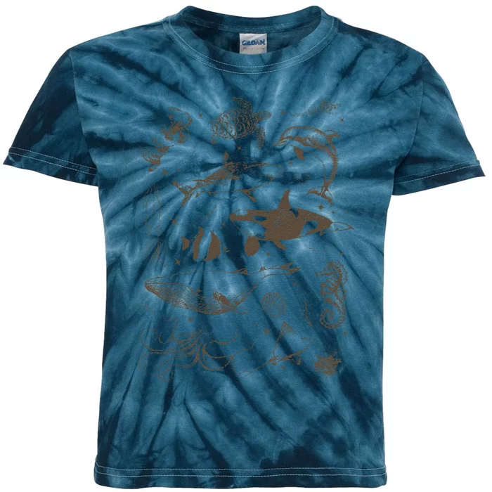 Sea Animal Vintage 90s Tattoo Kids Tie-Dye T-Shirt