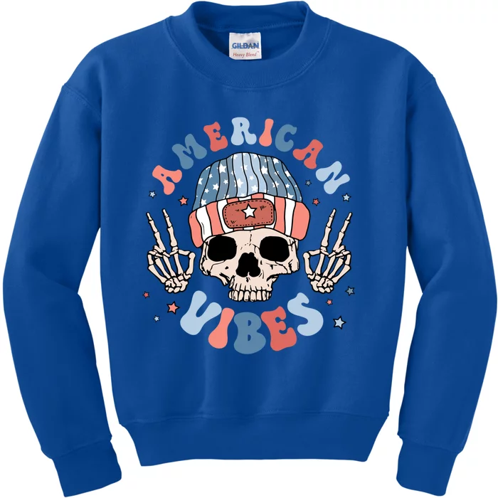 Skeleton America Vibes Groovy Hippie Freedom Day 4th Of July Great Gift Kids Sweatshirt