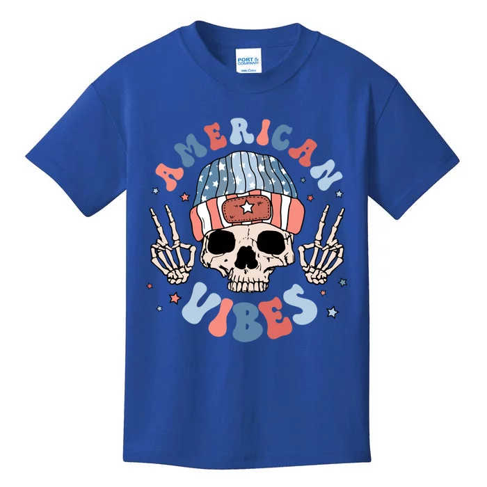 Skeleton America Vibes Groovy Hippie Freedom Day 4th Of July Great Gift Kids T-Shirt