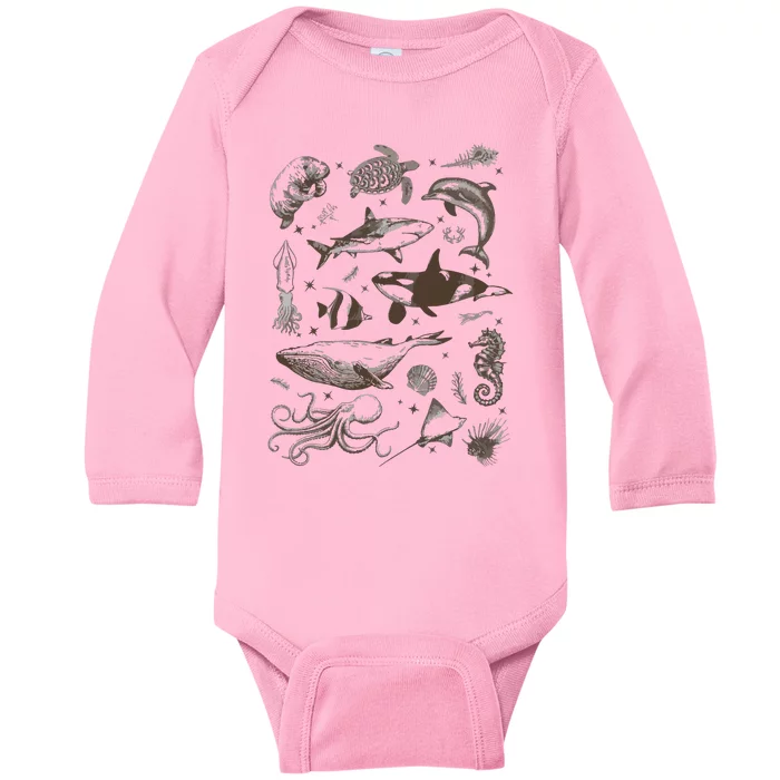 Sea Animal Vintage 90s Tattoo Baby Long Sleeve Bodysuit