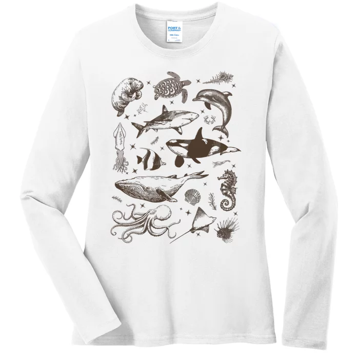 Sea Animal Vintage 90s Tattoo Ladies Long Sleeve Shirt