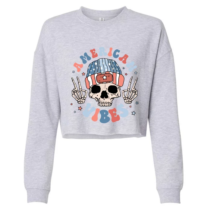 Skeleton America Vibes Groovy Hippie Freedom Day 4th Of July Great Gift Cropped Pullover Crew